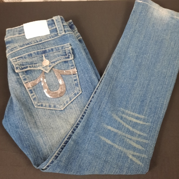 Size 30 True Religion Stretchy Jeans Metallic Silver Sequins & button pockets - Picture 6 of 12